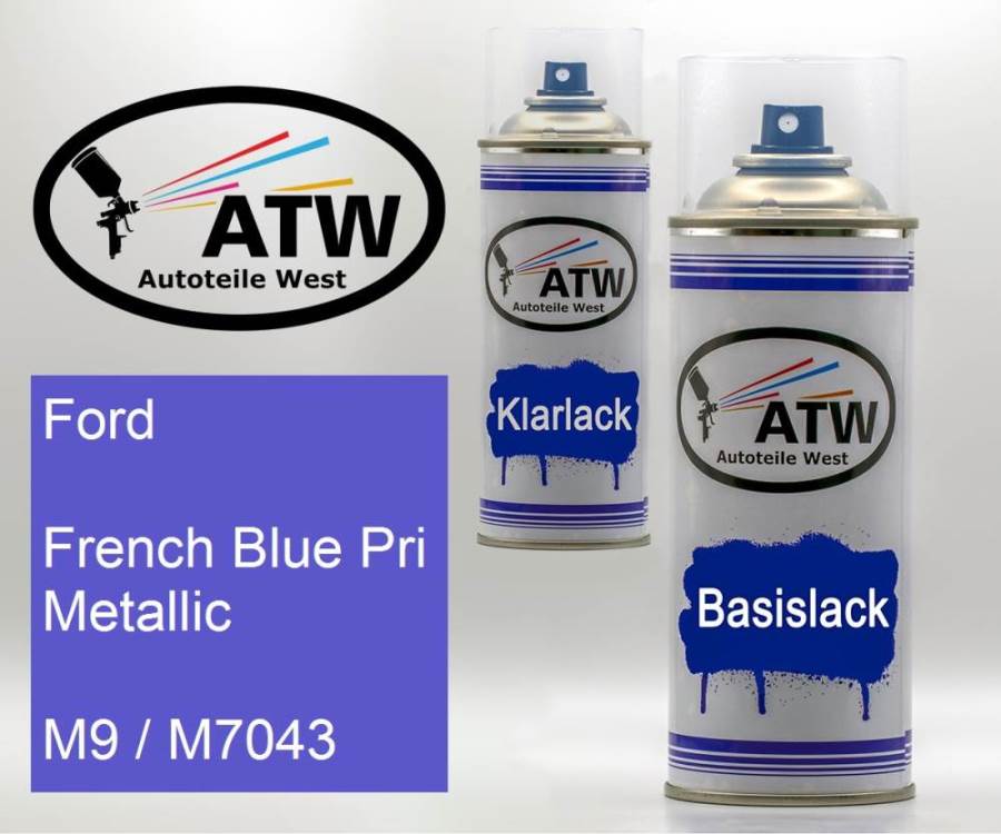 Ford, French Blue Pri Metallic, M9 / M7043: 400ml Sprühdose + 400ml Klarlack - Set, von ATW Autoteile West.